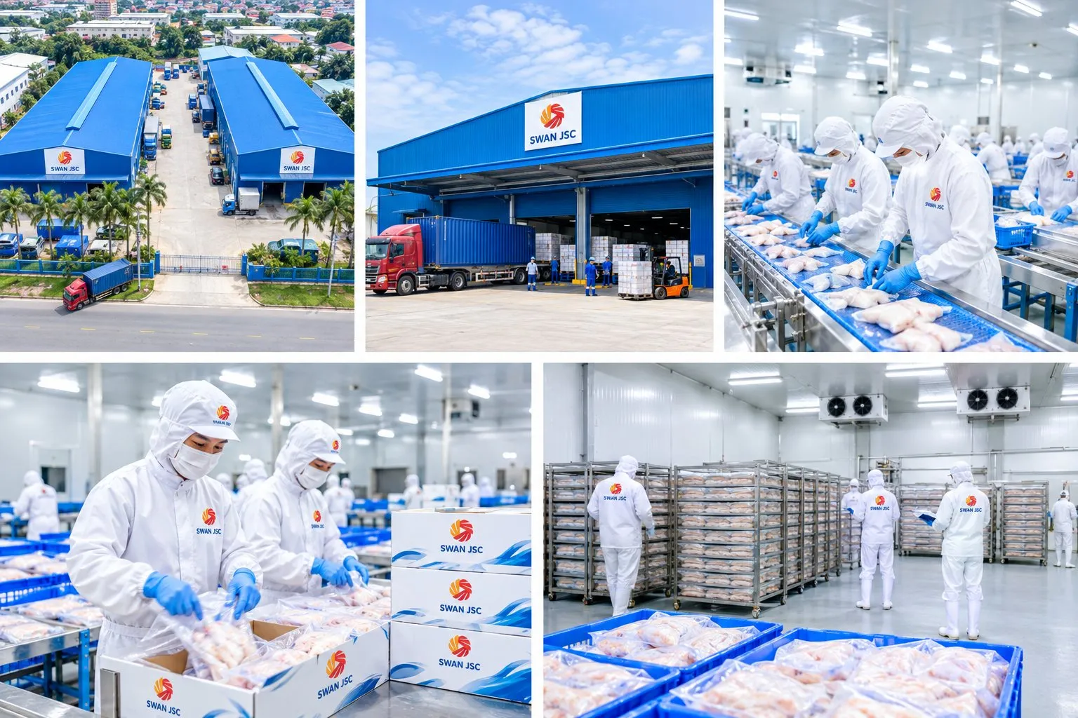 Swan の加工工場：工場棟、下処理をする作業員、冷凍庫